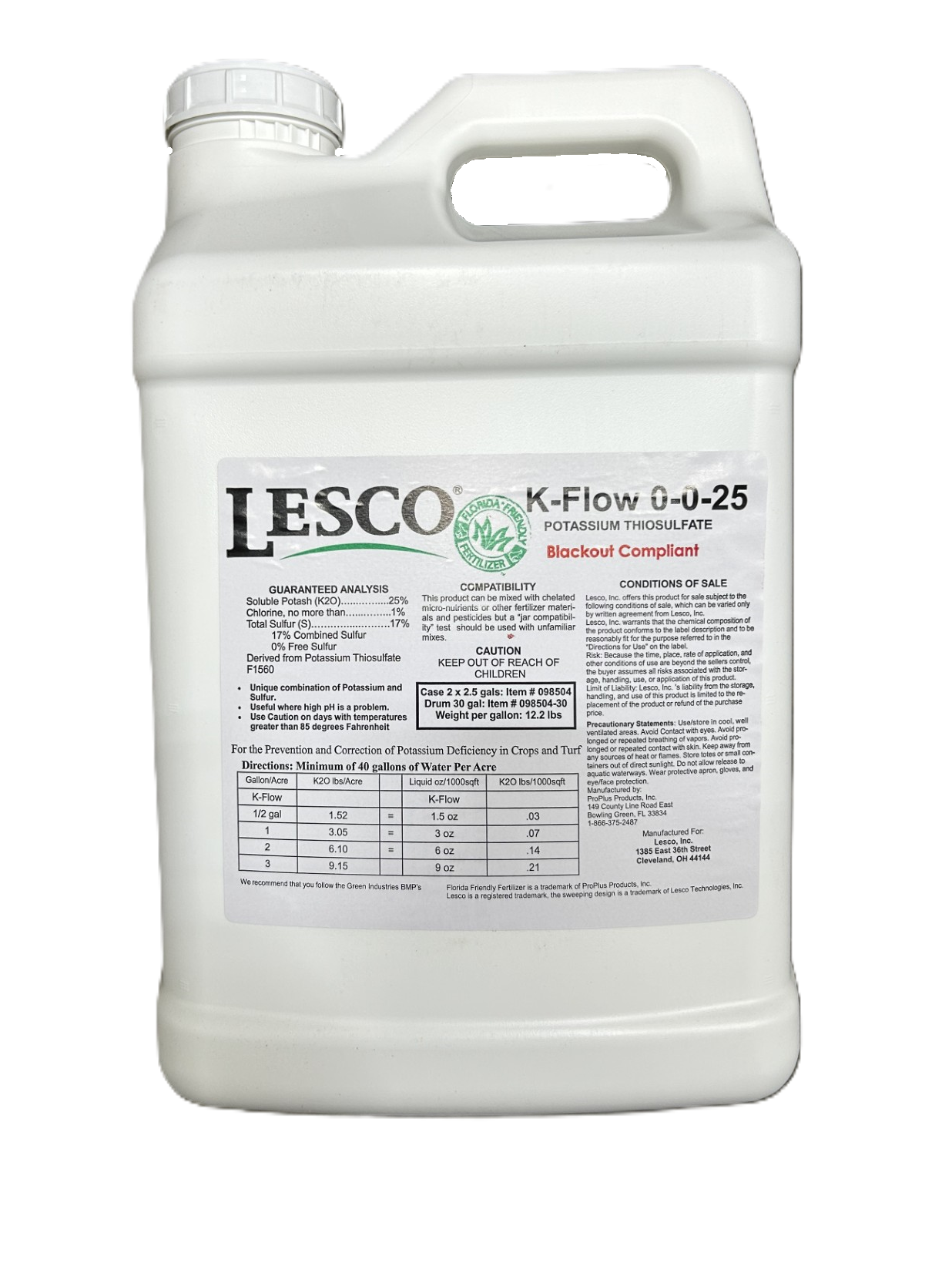 LESCO K-Flow 0-0-25 Liquid Fertilizer - 2.5 Gallons - Seed World