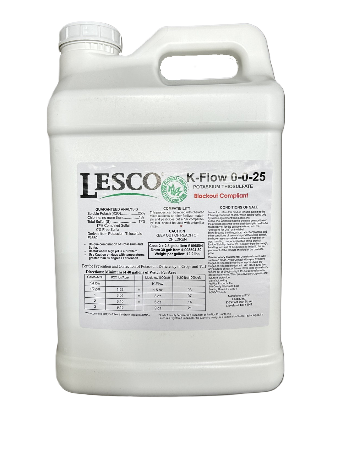 LESCO K-Flow 0-0-25 Liquid Fertilizer - 2.5 Gallons - Seed World