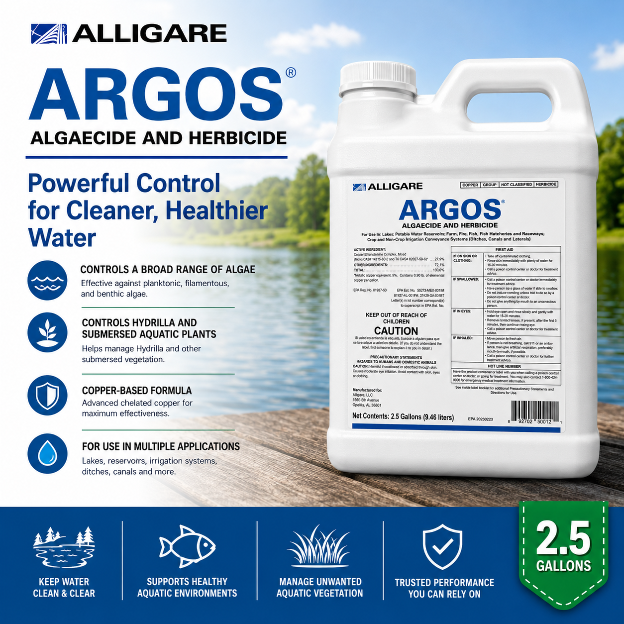 Alligare Argos Liquid Copper Algaecide & Aquatic Weed Control - 2.5 Gallons