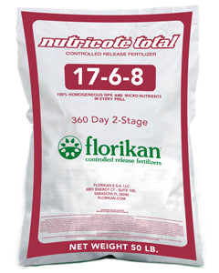 Florikan with Nutricote Total 17-6-8 360 Day 2 Stage Fertilizer - 50 lbs.