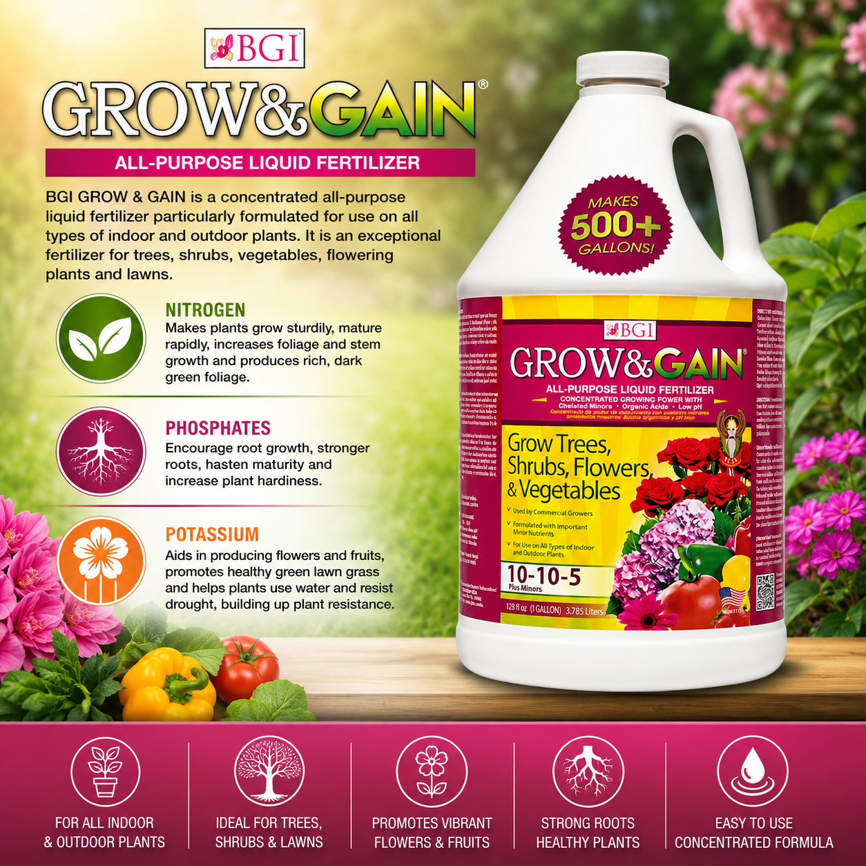 liquid fertilizer flowering plants BGI Grow and Gain 10-10-5 All Purpose Liquid Fertilizer Concentrated