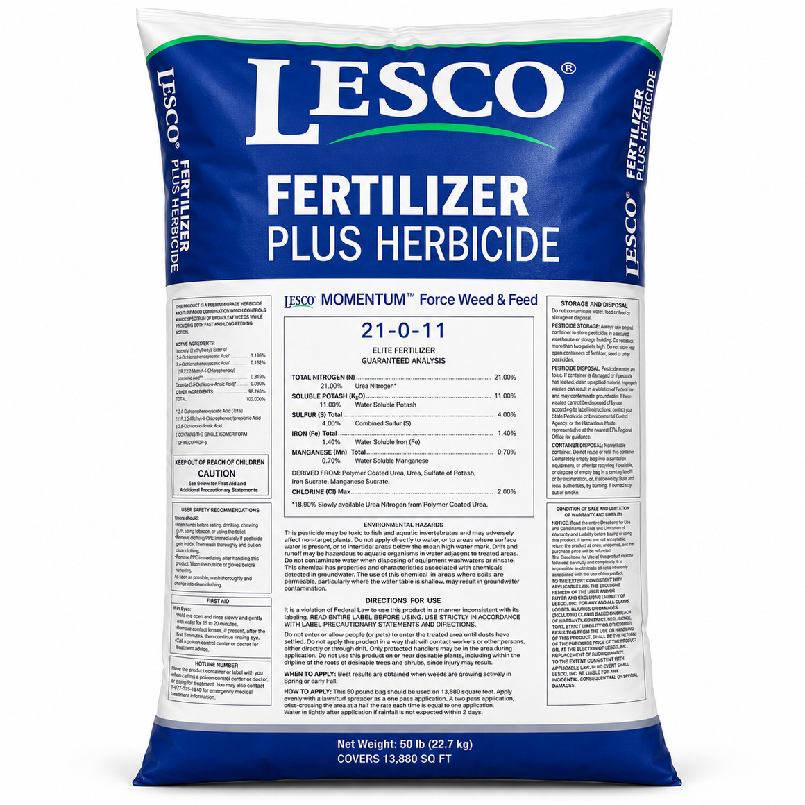LESCO Momentum Force Weed & Feed 21-0-11 Fertilizer Plus Herbicide - 50 Lbs.