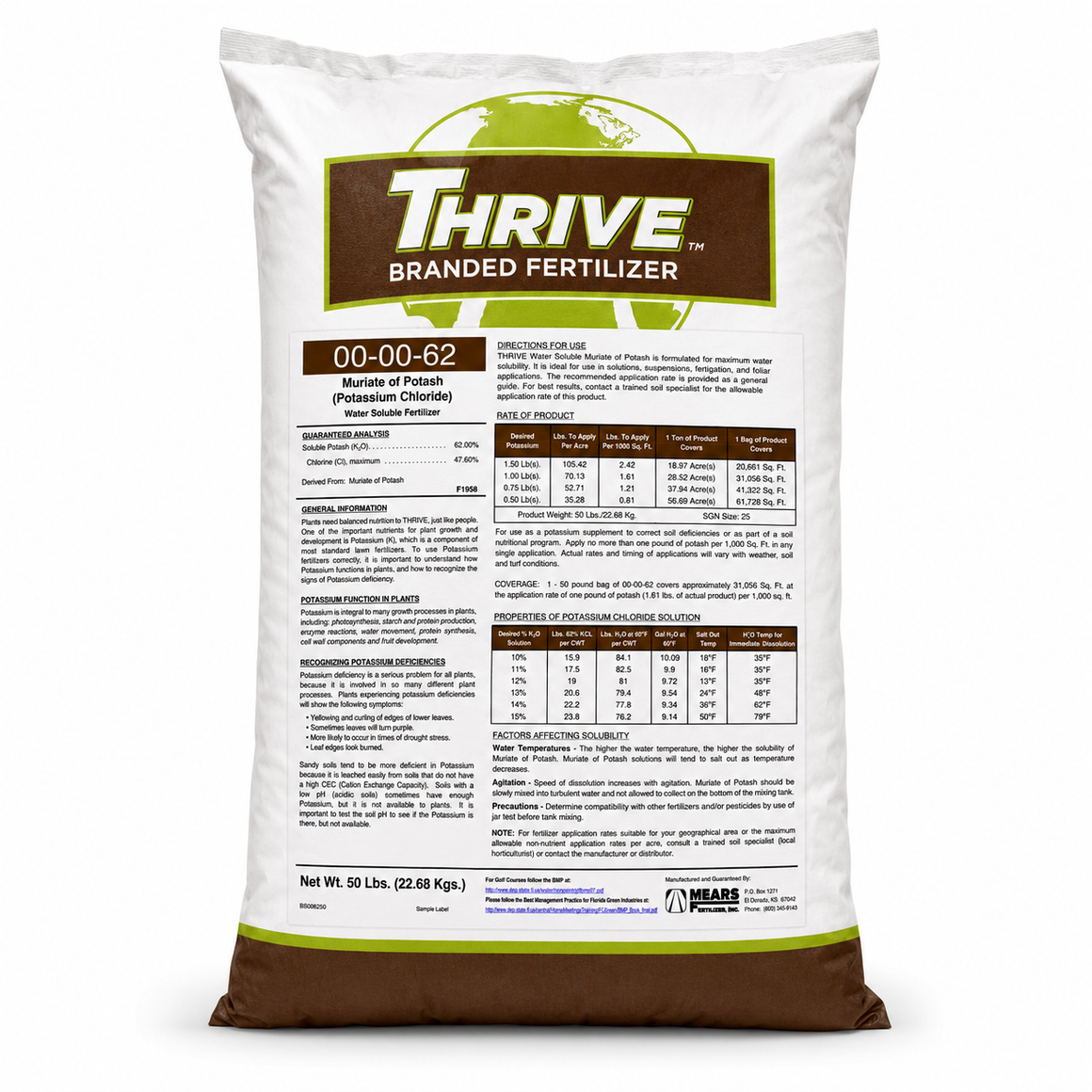 THRIVE Muriate of Potash 0-0-62 MOP Water Soluble Fertilizer  - 50 Lbs.